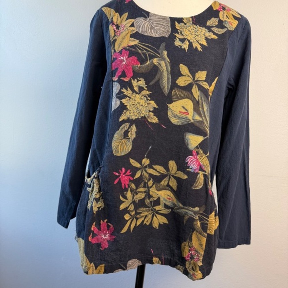 Zanzea Collection Womens Cotton Floral Tunic Top Navy‎ Blue Long Sleeve Boho